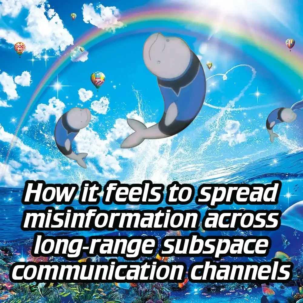 Image of beluga whales (similar to dolphins) from Lower Decks jumping from the ocean, with the caption "How it feels to spread misinformation across long-range subspace communication channels"