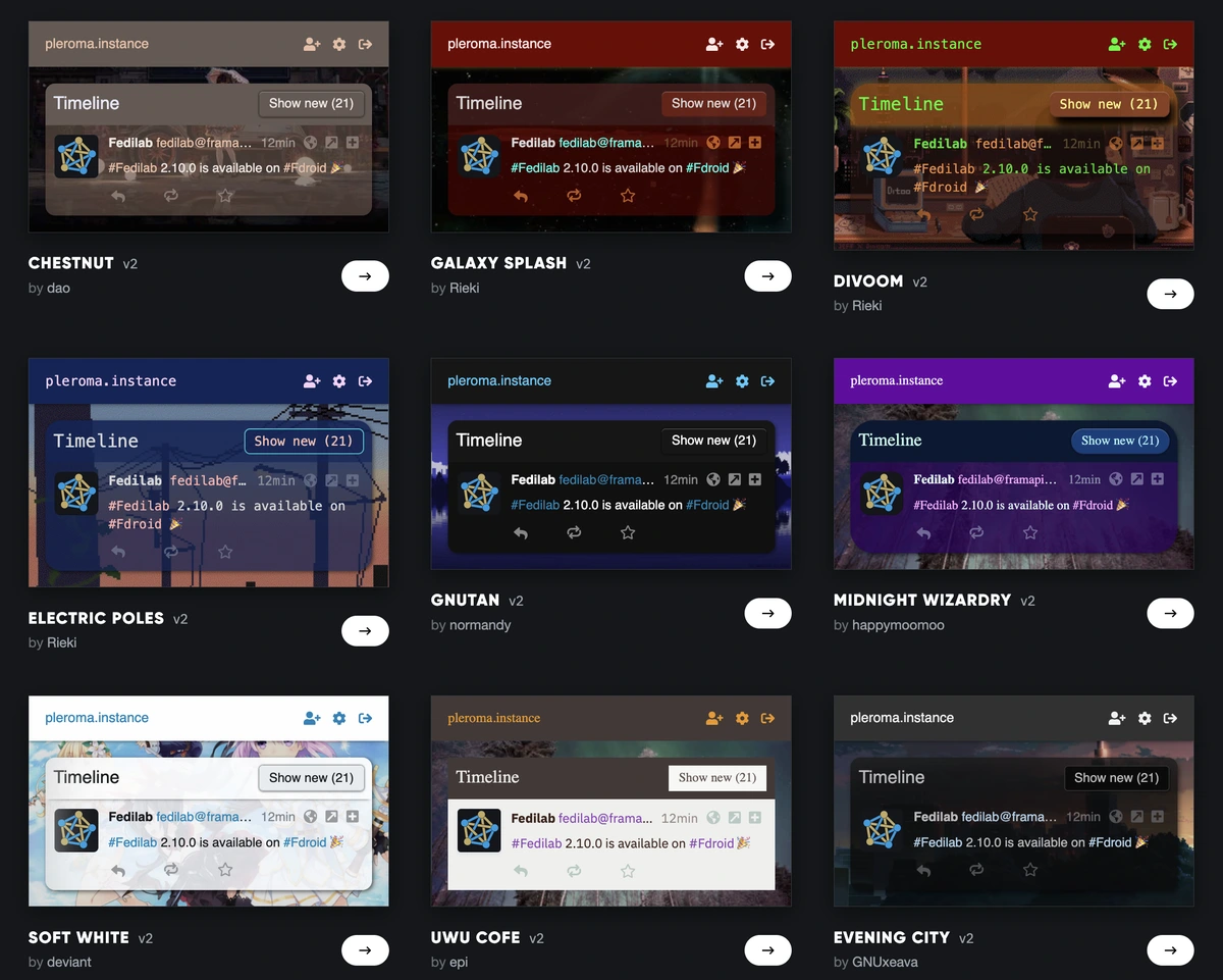a grid of demos of 9 pleroma themes