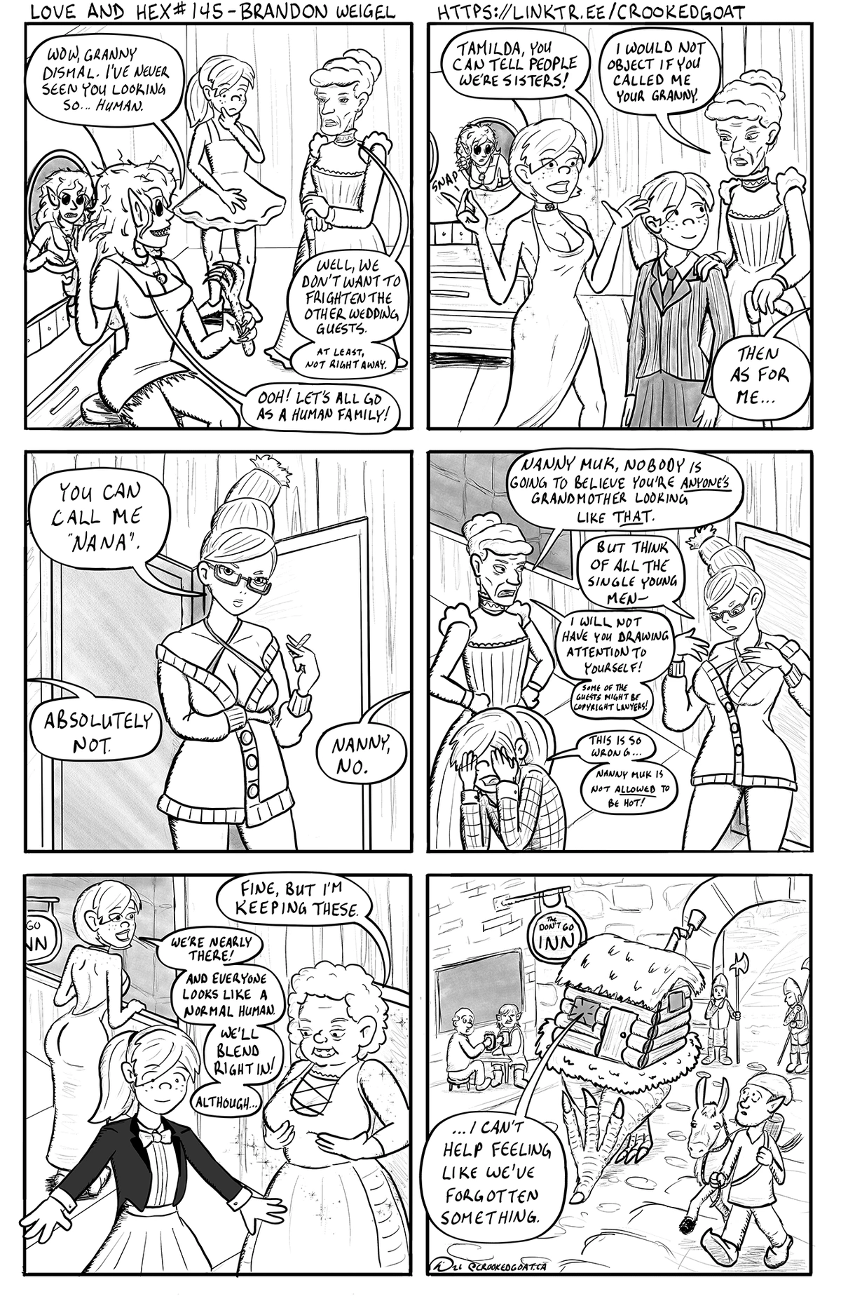 Page 145 from the comic Love and Hex. Full transcript: https://crookedgoat.ca/comic/145/#comic-page  The ladies are fully prepared for the wedding, or so they think.