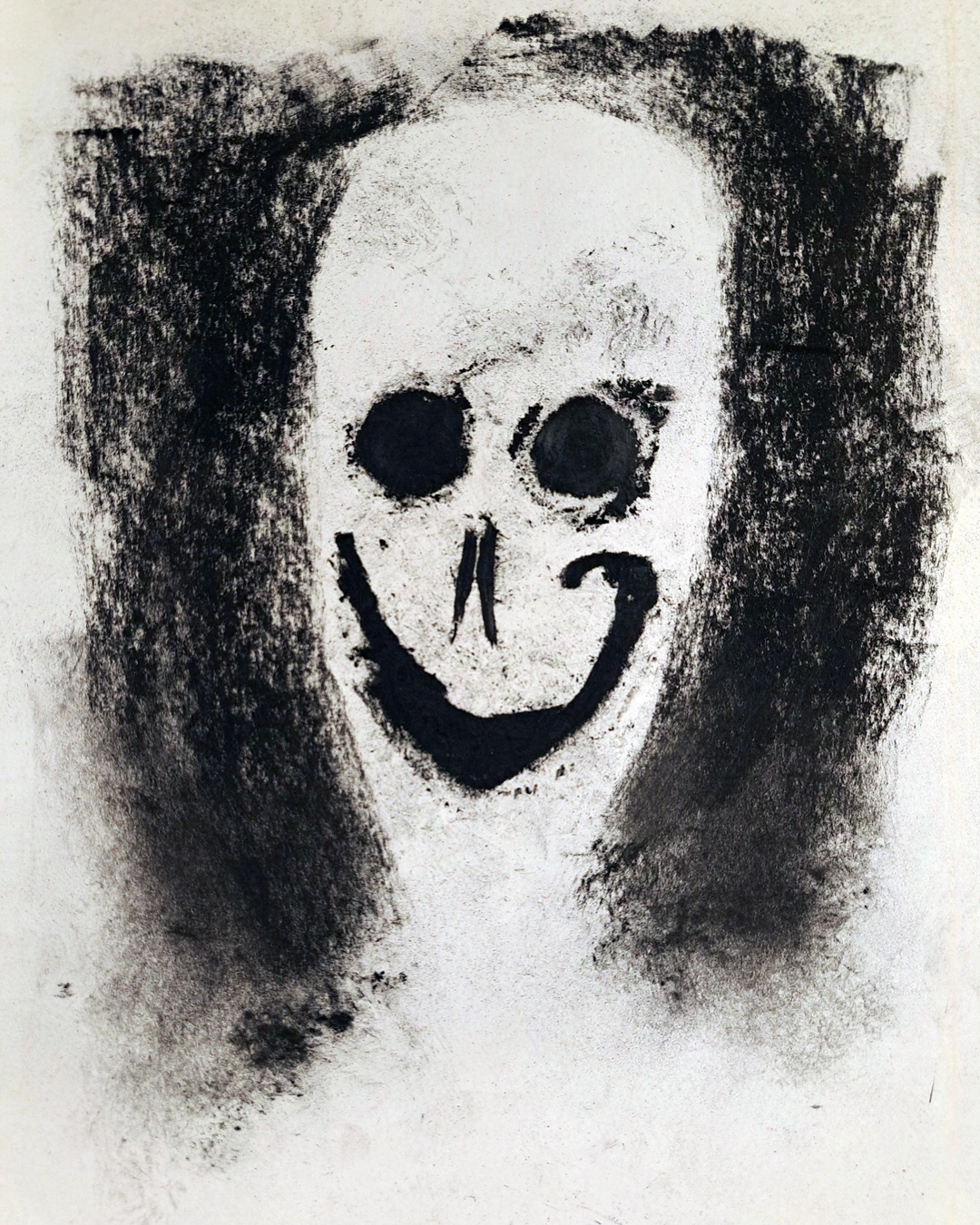 Creepy charcoal portrait of a strange, stylized face smiling at the viewer, texture reminiscent of black mold.
