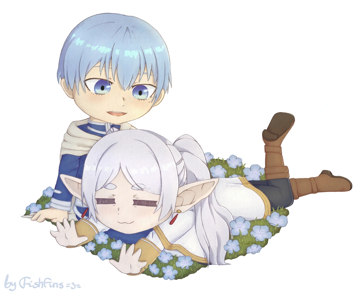 Digital art depicting the characters Frieren and Himmel from the anime "Frieren: Beyond Journey's End" as cute chibis. Frieren is happily lying on Himmel's legs with closed eyes, her hands stretched out in front of her, and one of her legs bent up. Himmel is speaking while looking at her. They both lay in a field of grass and blue-moon weed flowers.