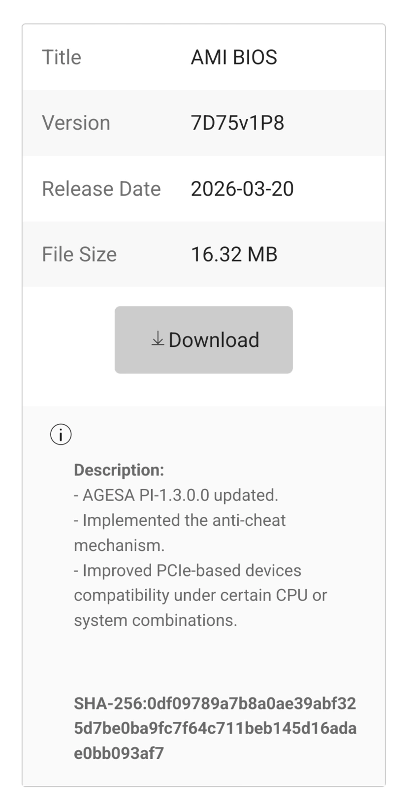 A screenshot from MSI website showing a description of a BIOS update. One the mentioned changes is "Implemented the anti-cheat mechanism."