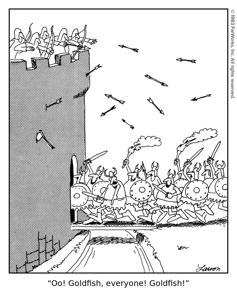 a medieval castle being sieged, on top of the defensive walls there are the knights shooting arrows at the attackers. the attackers are running across the drawbridge over the moat into the castle. on of the attackers gets distracted while half across the bridge and points at the water in the moat shouting: “Ohh! Goldfish, everyone! Goldfish!”