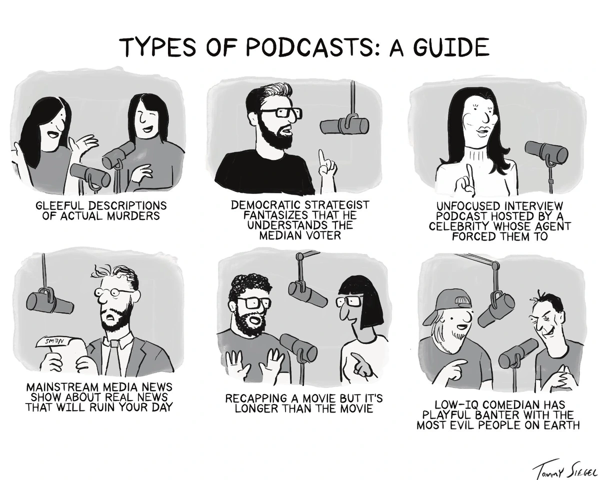There are 6 panels showing people sitting in front of microphones with text under each one.
They read:
GLEEFUL DESCRIPTIONS OF ACTUAL MURDERS

DEMOCRATIC STRATEGIST FANTASIZES THAT HE UNDERSTANDS THE MEDIAN VOTER

UNFOCUSED INTERVIEW PODCAST HOSTED BY A CELEBRITY WHOSE AGENT FORCED THEM TO

MAINSTREAM MEDIA NEWS SHOW ABOUT REAL NEWS THAT WILL RUIN YOUR DAY

RECAPPING A MOVIE BUT IT'S LONGER THAN THE MOVIE

LOW-IQ COMEDIAN HAS PLAYFUL BANTER WITH THE MOST EVIL PEOPLE ON EARTH