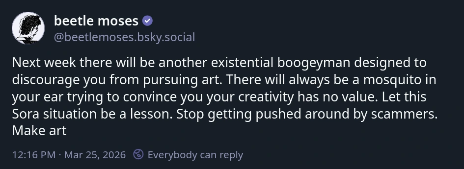 Next week there will be another existential boogeyman designed to discourage you from pursuing art. There will always be a mosquito in your ear trying to convince you your creativity has no value. Let this Sora situation be a lesson. Stop getting pushed around by scammers. Make art
