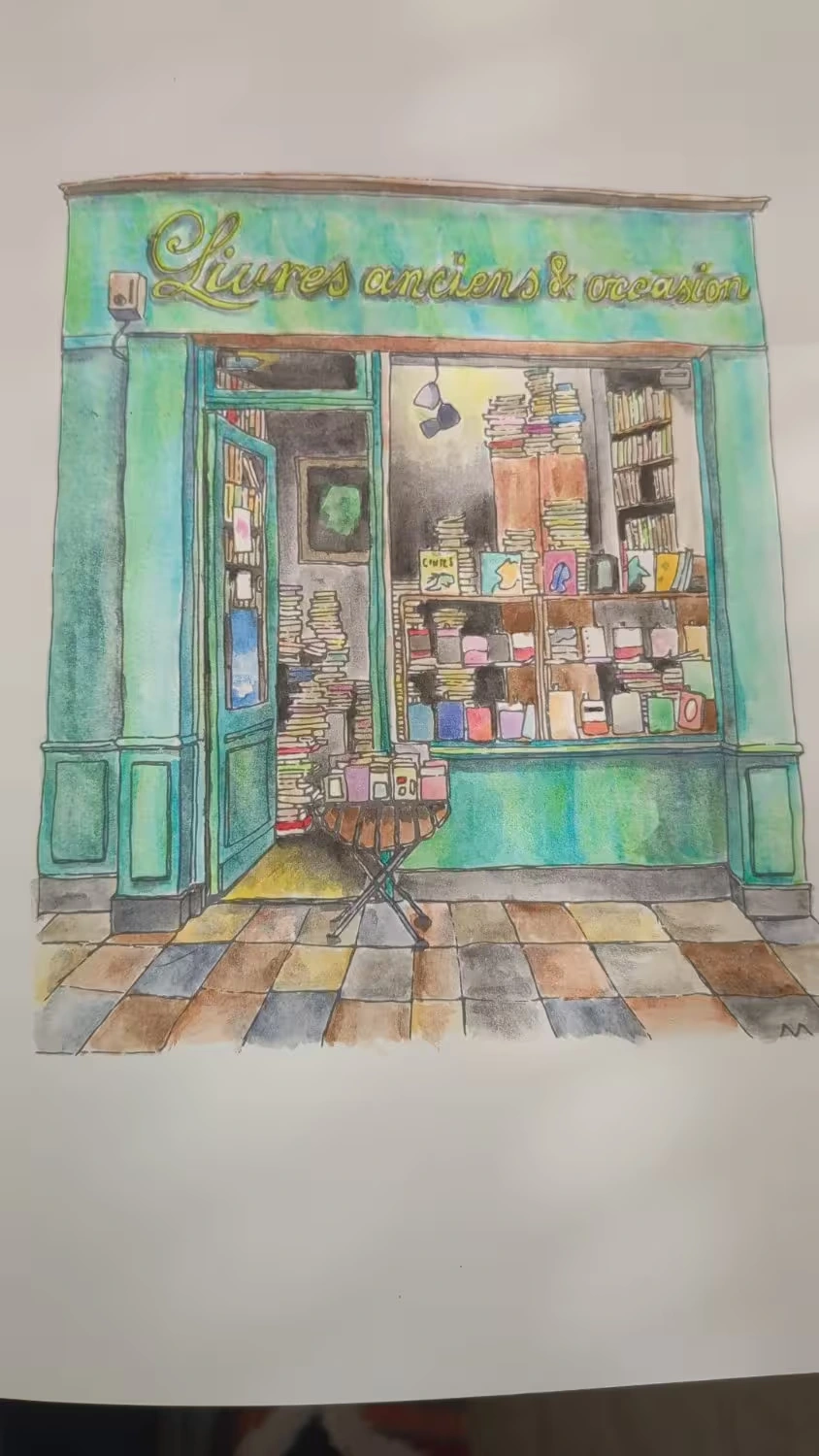 A watercolour coloured image of an antique book shop. The exterior is bright green-blue but the inside is dimly lit, full of books