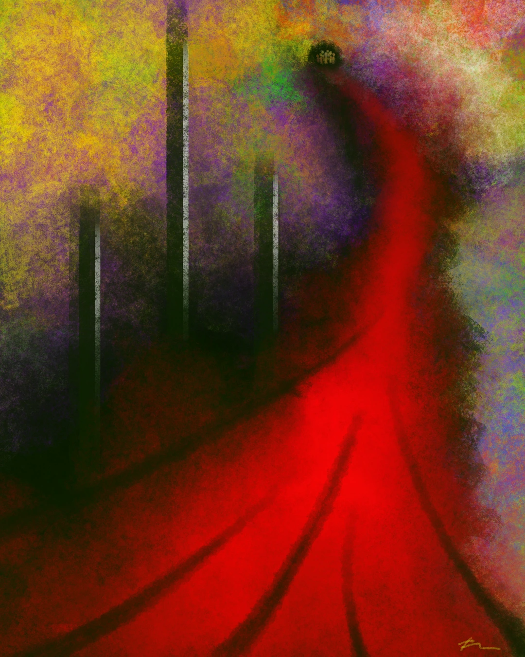 Colorful digital painting of a red pathway leading through an abstract landscape, terminating in a dark entrance containing a group of people.